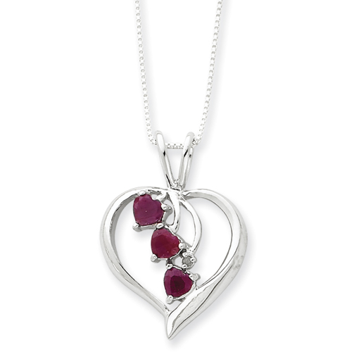 Sterling Silver Heart Cascading Rubies Necklace - 18 Inch - Spring Ring