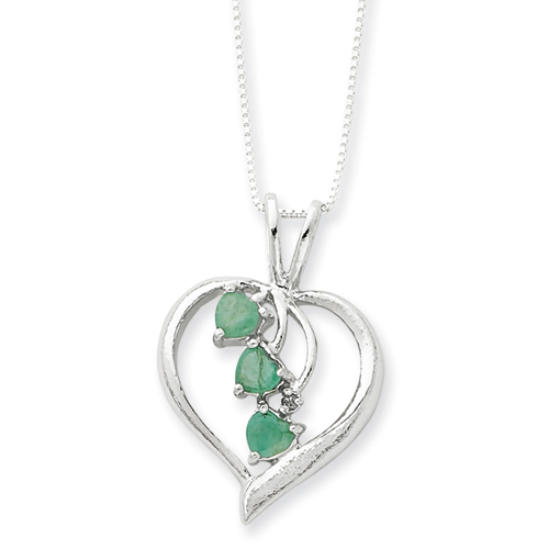 Sterling Silver Heart Cascading Emeralds Necklace - 18 Inch - Spring Ring - JewelryWeb