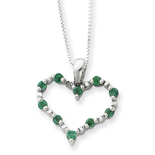 Sterling Silver Emerald Heart Necklace - 18 Inch - Spring Ring
