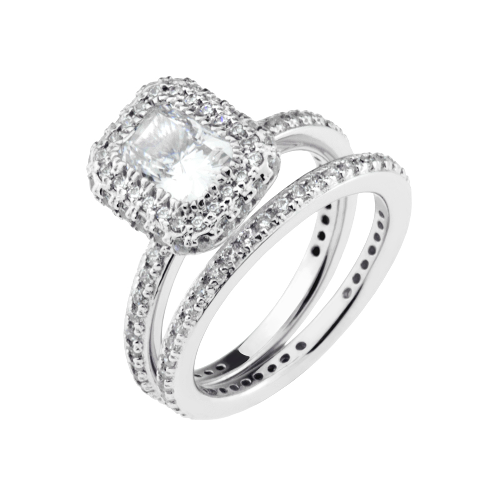 Sterling Silver Cubic Zirconia Emerald Cut Halo Ring Set