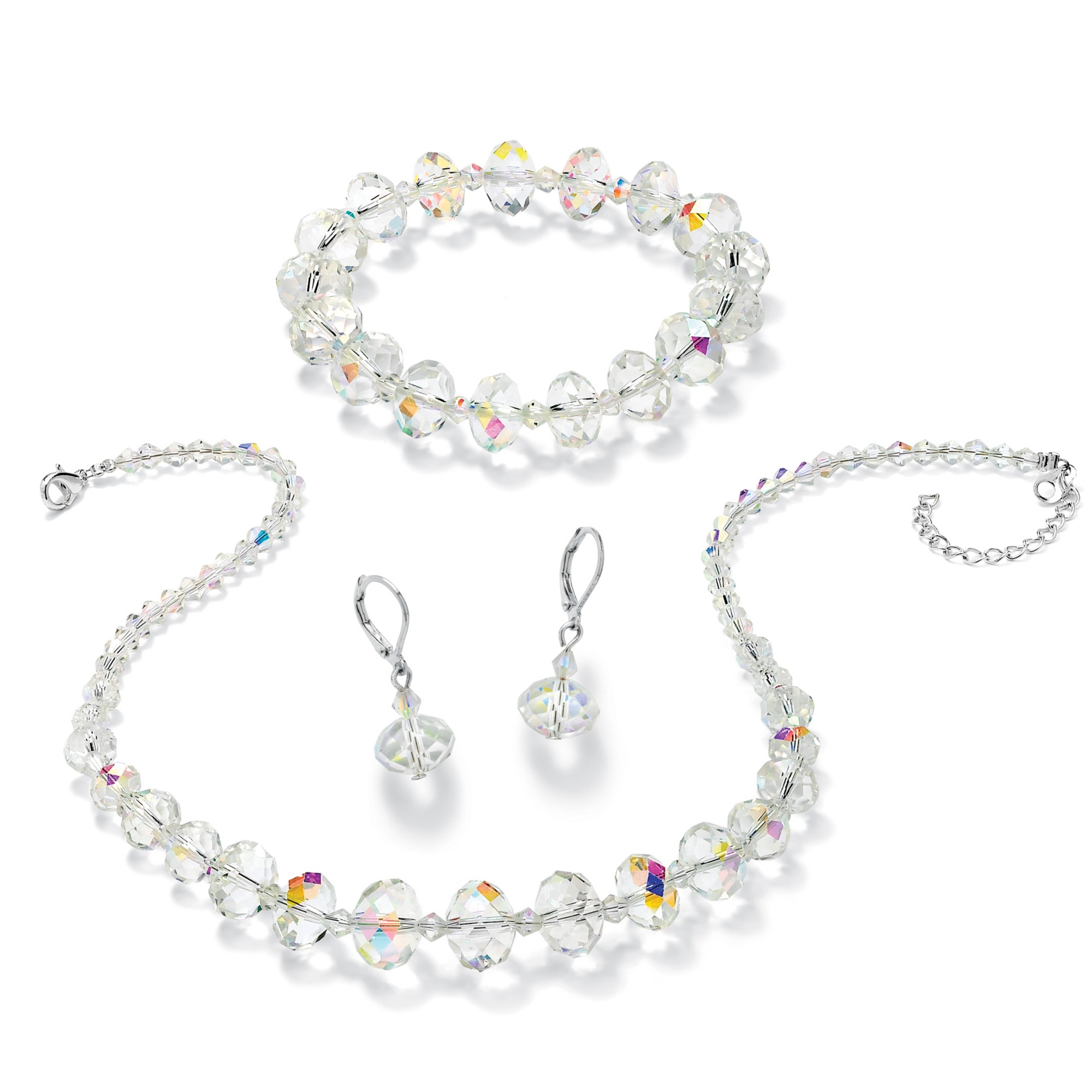 Oval-Cut Aurora Borealis Crystal Silvertone Necklace, Bracelet and Earrings Set