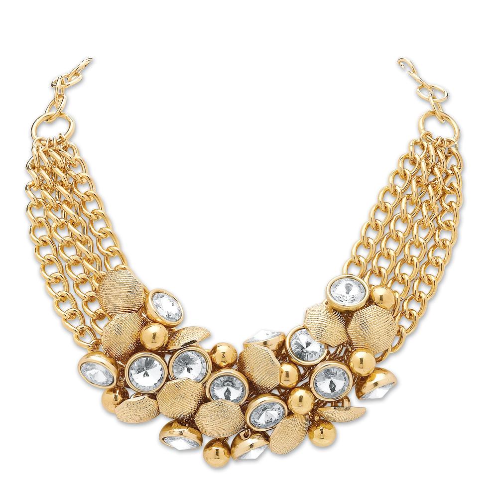 PalmBeach Jewelry 3 Piece Bezel-Set Crystal and Bead Necklace, Bracelet and Stud Earrings Set in Yellow Gold Tone