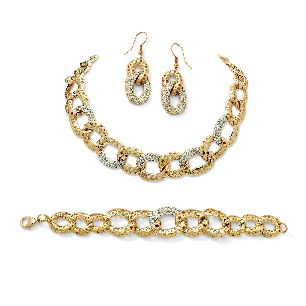 3 Piece Crystal Perforated Curb-Link Necklace  Bracelet and Earrings Set in Yellow Gold Tone