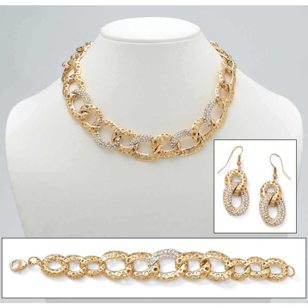 3 Piece Crystal Perforated Curb-Link Necklace  Bracelet and Earrings Set in Yellow Gold Tone