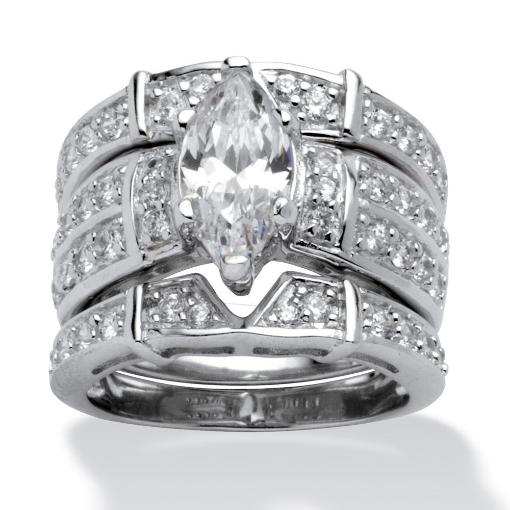 3.05 TCW Marquise-Cut Cubic Zirconia Sterling Silver Bridal Engagement Ring Wedding Band Set