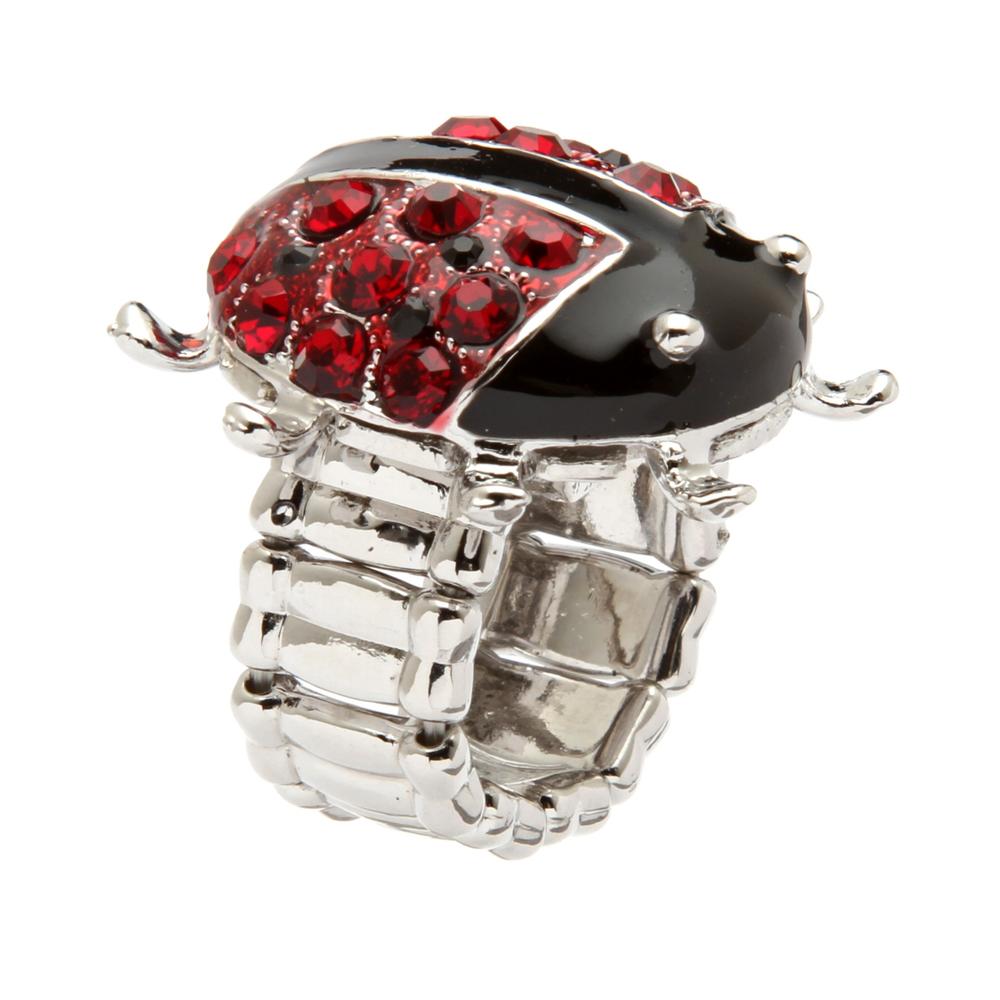 Round Red and Black Crystal Silvertone Ladybug Stretch Ring