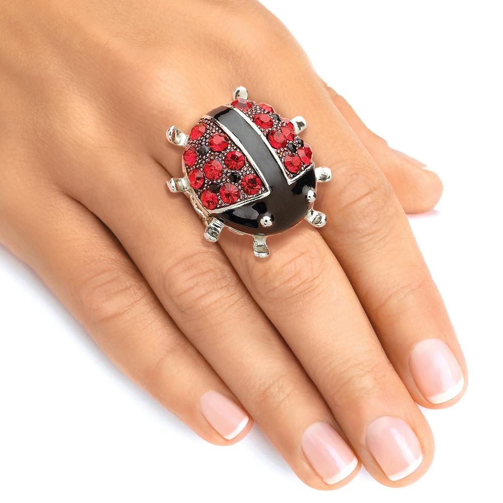 Round Red and Black Crystal Silvertone Ladybug Stretch Ring