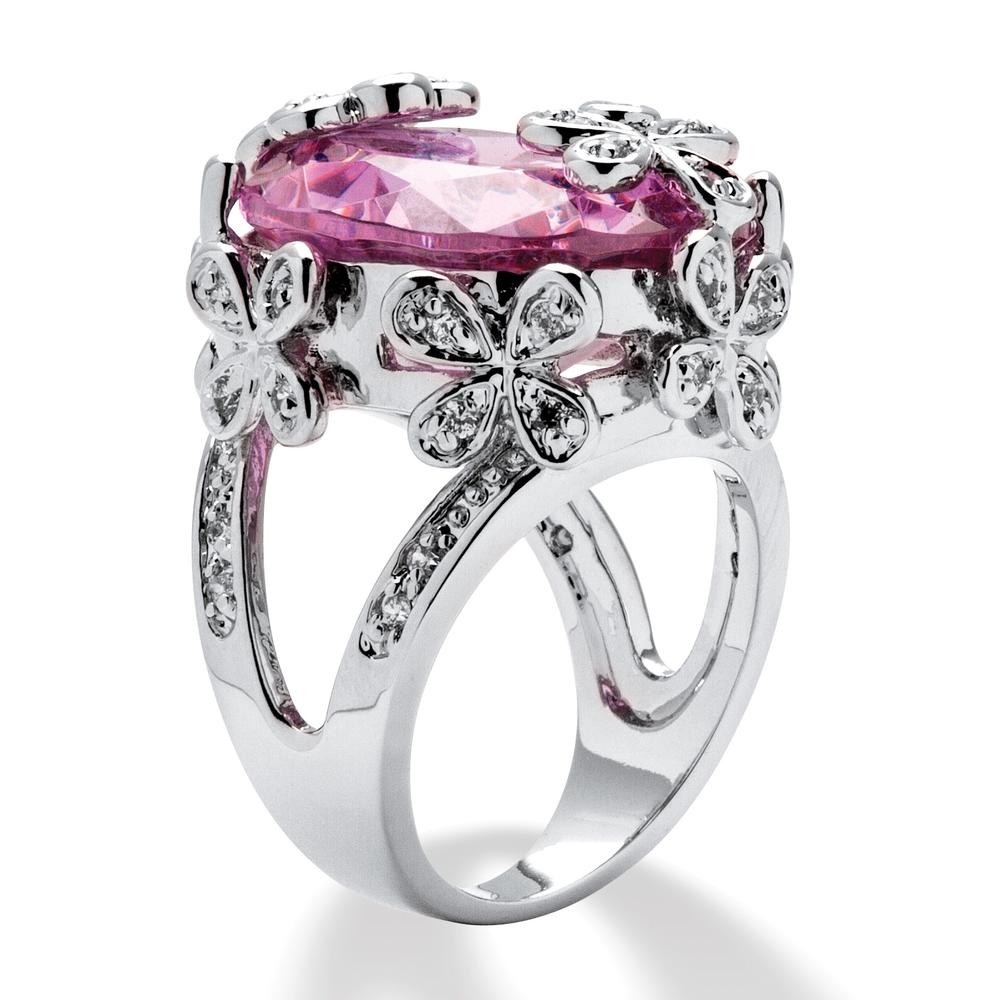 21.42 TCW Oval Cut Pink Cubic Zirconia Silvertone Flower and Butterfly Ring