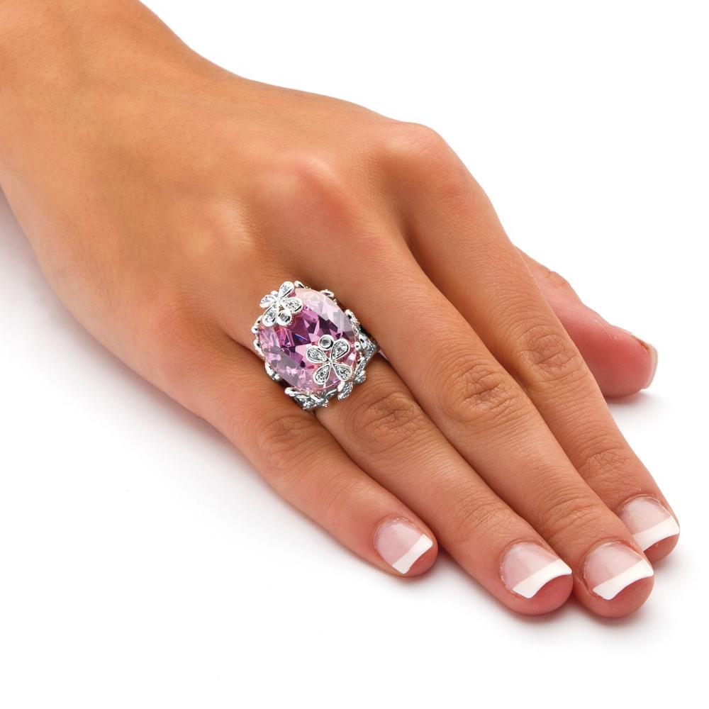 21.42 TCW Oval Cut Pink Cubic Zirconia Silvertone Flower and Butterfly Ring