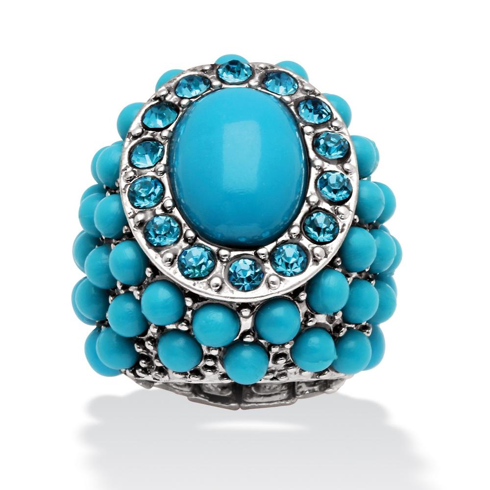 Oval and Round Simulated Turquoise and Crystal Accent Silvertone Stretch Ring