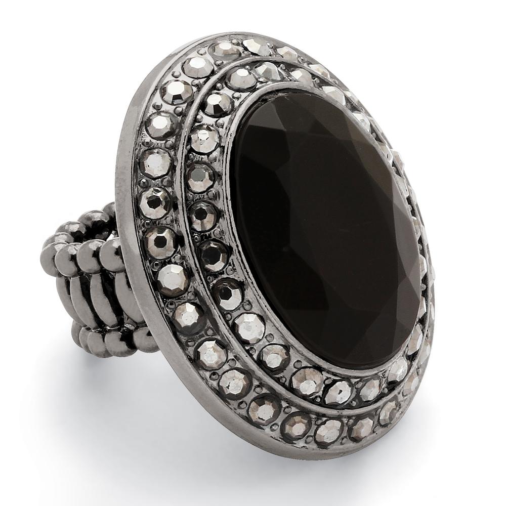 Oval Cut Black Crystal Grey Crystal Accent Black Rhodium-Plated Stretch Cocktail Ring