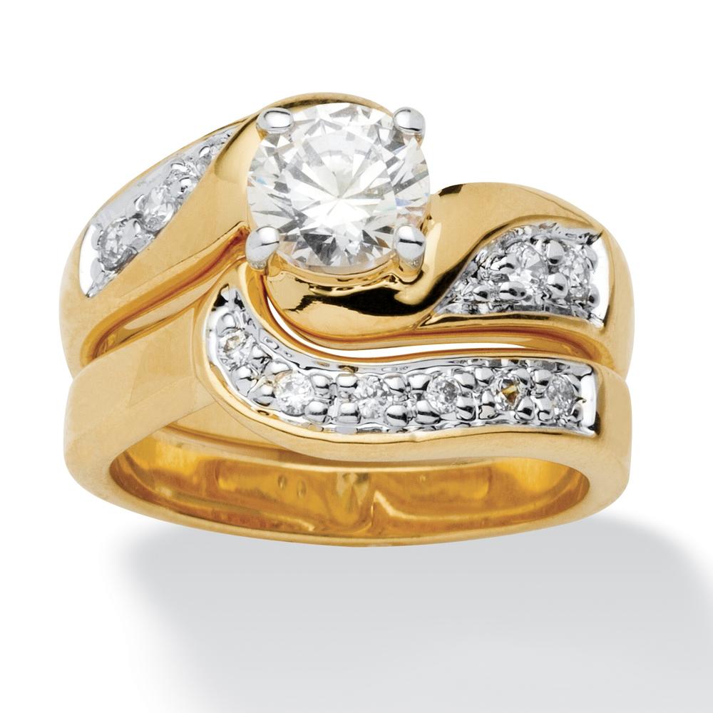 Round Cubic Zirconia 14k Yellow Gold-Plated Swirled Bridal Engagement Ring Wedding Band Set