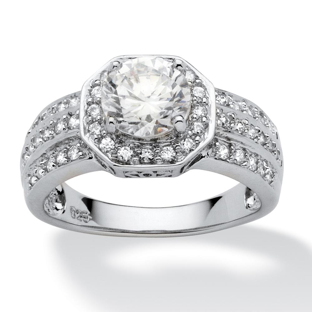 2.26 TCW Cubic Zirconia Platinum over Sterling Silver Octagon-Shaped Engagement Anniversary Ring