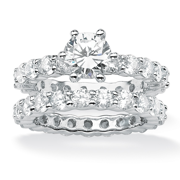 5.60 TCW Round Cubic Zirconia Platinum-Plated Bridal Engagement Ring Eternity Wedding Band Set