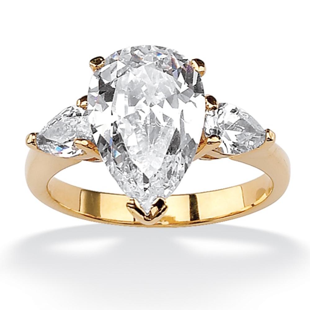 4.89 TCW Pear Cut Cubic Zirconia 18k Yellow Gold-Plated 3-Stone Bridal Engagement Ring