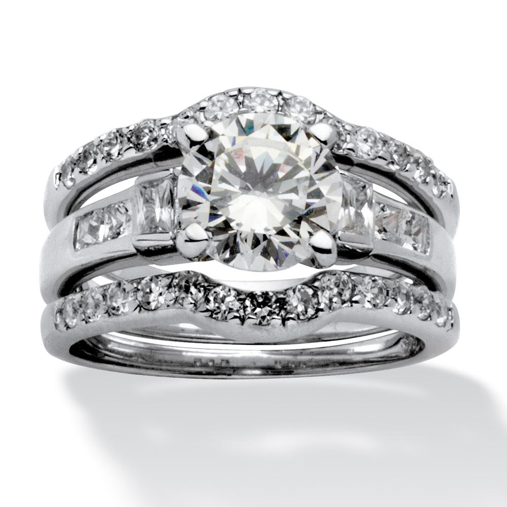 2.95 TCW Round Cubic Zirconia Platinum over Sterling Silver 3-Piece Bridal Engagement Ring Set