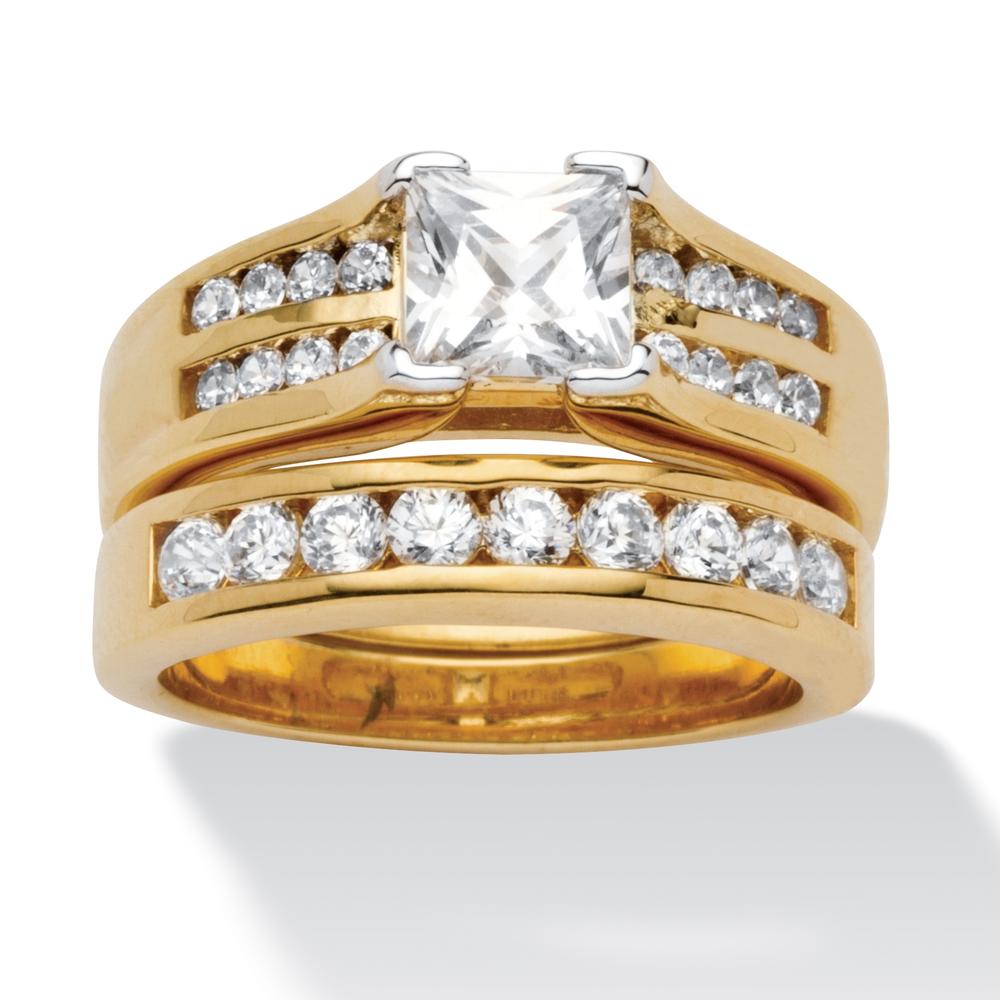 1.82 TCW Princess-Cut and Round Cubic Zirconia 18k Gold-Plated Wedding Ring Set