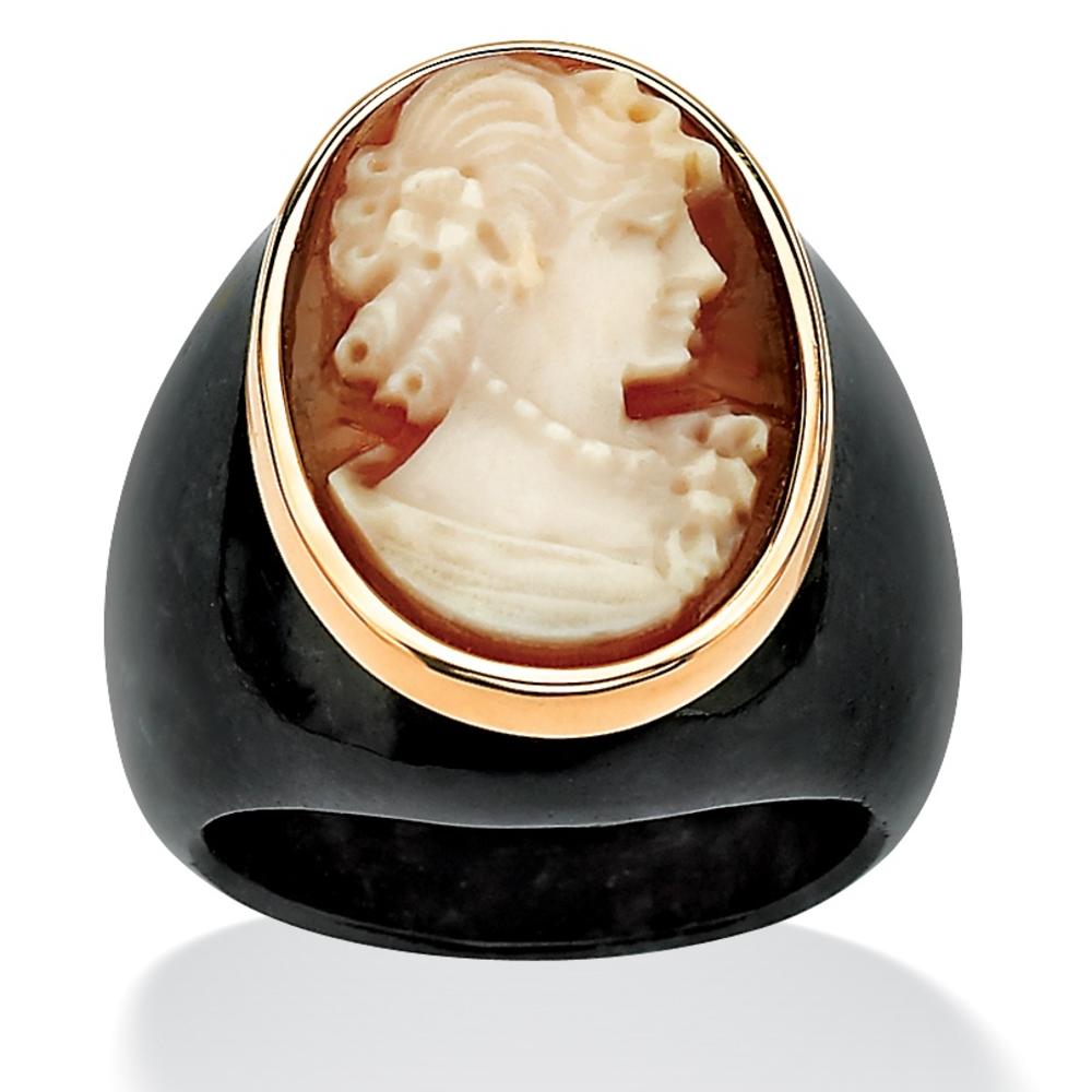 Oval-Shaped Genuine Shell Cameo Genuine Onyx 10k Yellow Gold Classic Cameo Ring