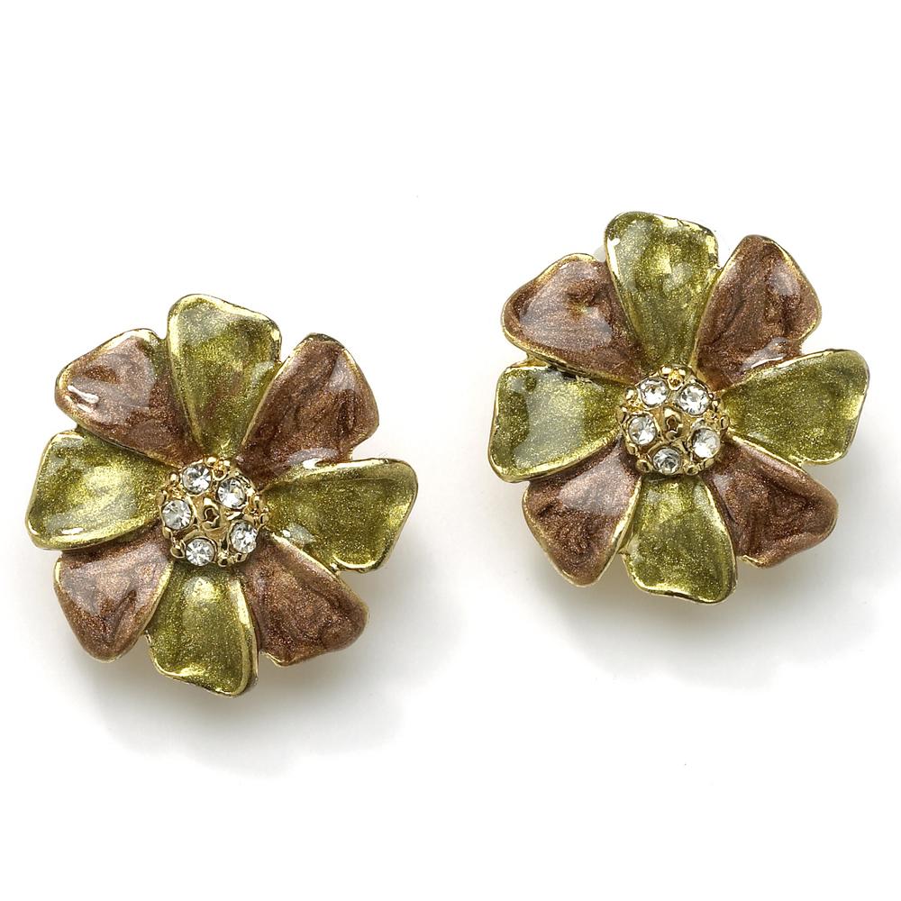 Enamel and Crystal Flower Clip On Earrings in Yellow Gold Tone