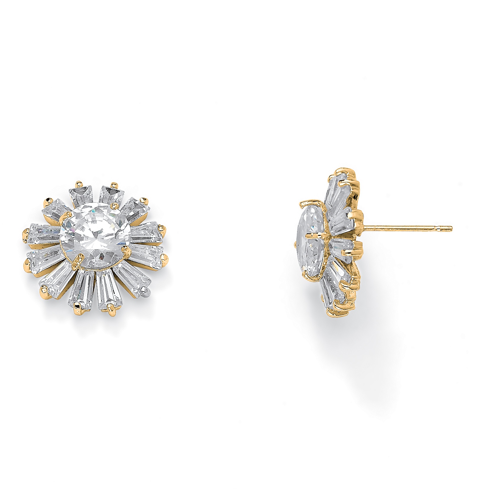 PalmBeach Jewelry Round Crystal and Baguette Starburst Stud Earrings in Yellow Gold Tone