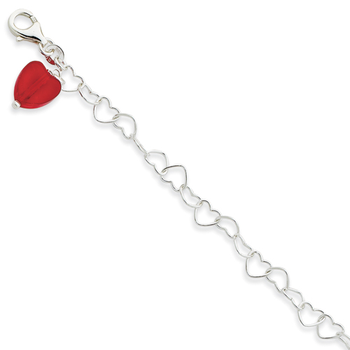 Sterling Silver Red Crystal Heart Link Anklet - 10 Inch - Lobster Claw