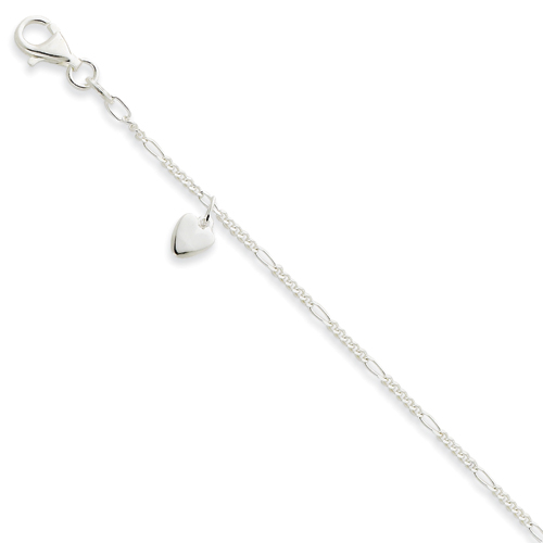 Sterling Silver Dangling Hearts on Figaro Anklet - 10 Inch - Lobster Claw