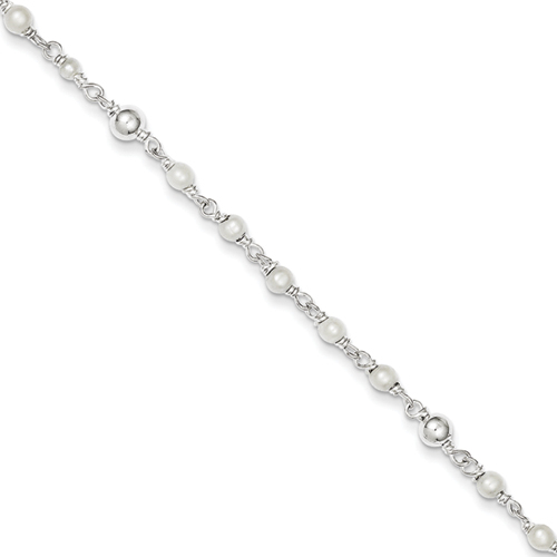 Sterling Silver FW Cultured Pearl Heart Anklet - 10 Inch - Spring Ring