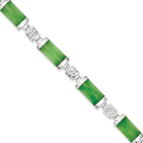 Sterling Silver 7 Inch Open-Backed Green Jade Bracelet - Box Clasp