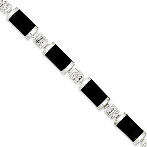 Sterling Silver Polished Open-Backed Onyx Bracelet - 7 Inch - Box Clasp - JewelryWeb