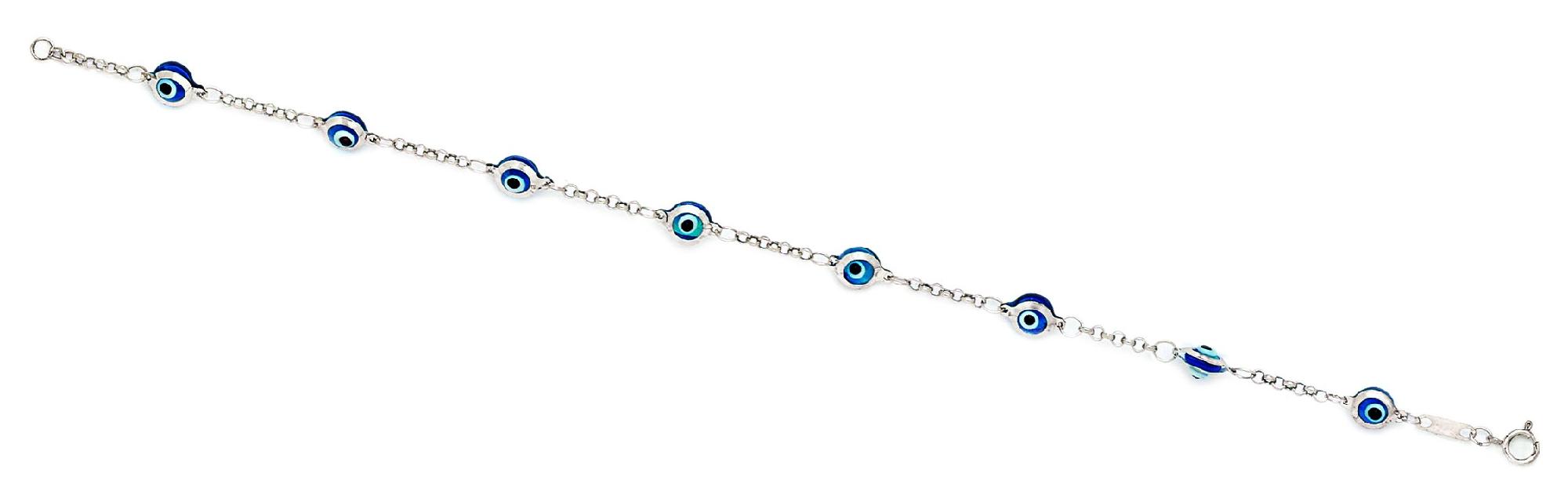 14k White Gold Light Blue Glass 7 Inch Cable Station Evil Eye Bracelet - Measures 5mm