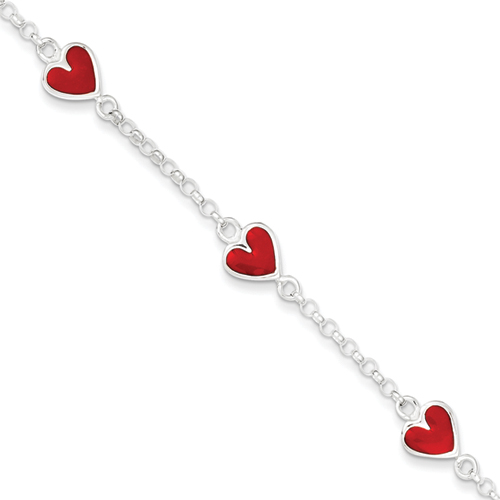Sterling Silver Enamal Red Heart Childrens Bracelet - 6 Inch - Spring Ring