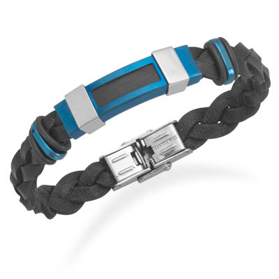 8.5 Inch Black Leather Bracelet With Polished and Blue Matte Stainless Steel Accents