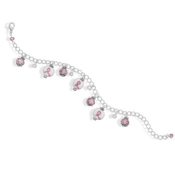 Sterling Silver 7 Inch+1 Inch Pink Ribbon Awareness Fashion Bracelet