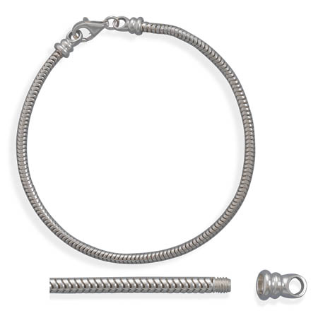 Sterling Silver 8.5 Inch 3mm Snake Story Bead Charm Bracelet