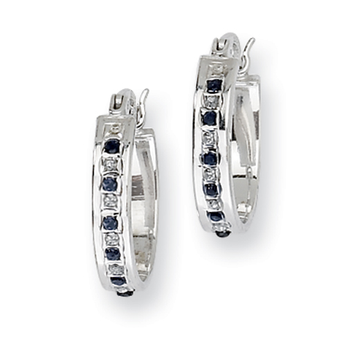 Sterling Silver and Platinum-plated Dia. and Sapphire Oval Hinged Hoop Earrings - Measures 19x3mm