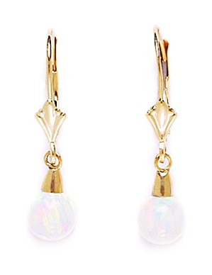 14KT Yellow Gold White 6x6mm Created Opal Ball Drop Leverback Earrings - Measures 26x6mm