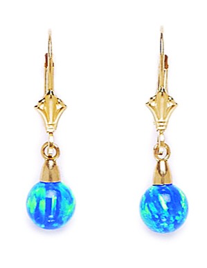 14KT Yellow Gold Blue 6x6mm Created Opal Ball Drop Leverback Earrings - Measures 26x6mm