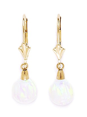14KT Yellow Gold White 8x8mm Created Opal Ball Drop Leverback Earrings - Measures 28x8mm