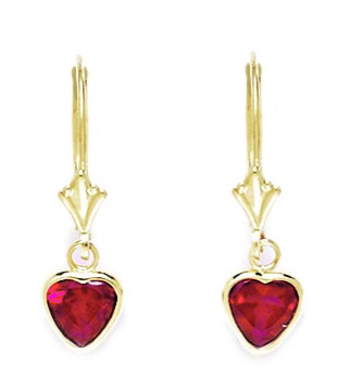 14KT Yellow Gold July Birthstone Ruby Cubic Zirconia Large Heart Drop Leverback Earrings - Measures 24x7mm