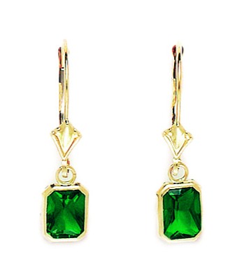 14KT Yellow Gold May Birthstone Emerald Cubic Zirconia Emarald Cut Leverback Earrings - Measures 25x6mm