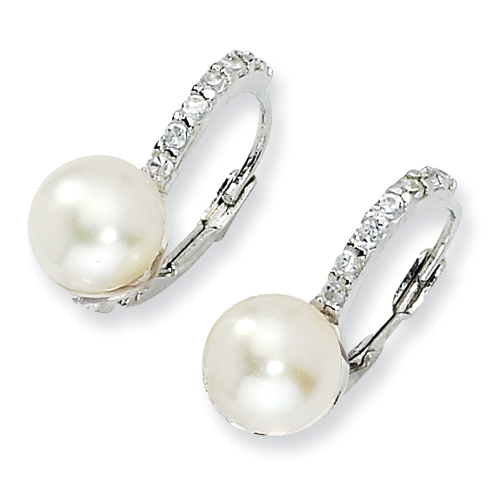 Sterling silver Cubic Zirconia Cultured Pearl Leverback Earrings