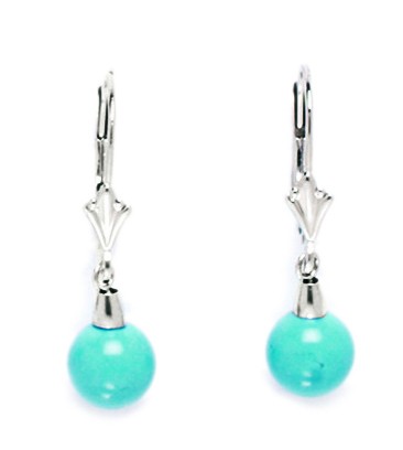 14KT White Gold Blue 7x7mm Created Turquoise Ball Drop Leverback Earrings - Measures 27x7mm