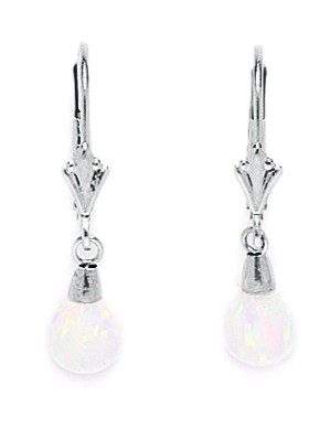 14KT White Gold White 8x8mm Created Opal Ball Drop Leverback Earrings - Measures 26x6mm