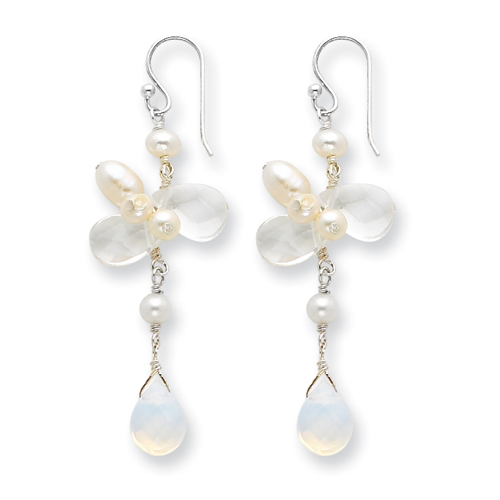 Sterling silver White Cultured Pearl Clear Crystal Created Opal Earrings