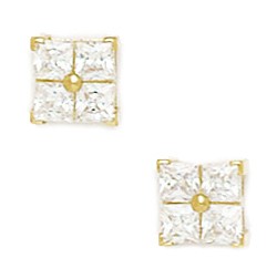 14KT Yellow Gold Cubic Zirconia Medium 4 Segment Square Fancy Post Earrings - Measures 7x7mm