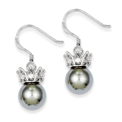 Sterling silver Grey Syn. Pearl and Cubic Zirconia Crown Earrings