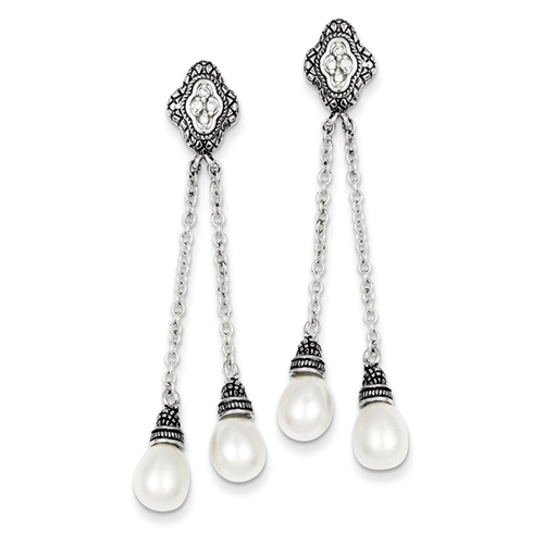 Sterling silver Antiqued Cubic Zirconia and Freshwater Pearl Earrings
