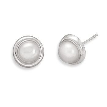 6MM Cultured Freshwater Button Pearl Sterling silver Stud Earrings