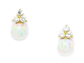 14KT Yellow Gold White 5x5mm Created Opal and Cubic Zirconia Fancy Screwback Earrings - Measures 10x5mm