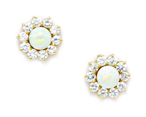 14KT Yellow Gold White Created Opal and Cubic Zirconia Medium Fancy Screwback Earrings - Measures 8x8mm